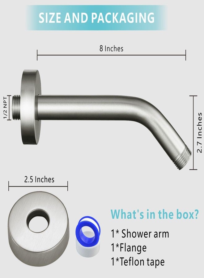 Nuodan Shower Arm with Flange, 8 Inches Wall Mount Replacement Shower Head Arm For Fixed Shower Head and Handheld Showerhead, Brushed Nickel - Image 2