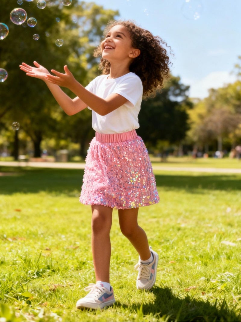 WELAKEN Sparkly Sequin Tight-Fitting Skirt with Short Lining for Girls Toddler & Kids II Little Girl's Elastic Waistband Mini Pencil Skirts,6-7Y - Image 2