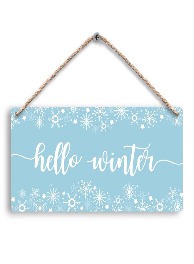 FUGWN Blue Hello Winter Snowflakes Hanging Wooden Signs 12x6, Hello Winter Sign, Winter Door Sign, Winter Wall Decor, Winter Door Hanger, Blue Winter Christmas Xmas Hanging Sign for Home Door Decor - Image 1