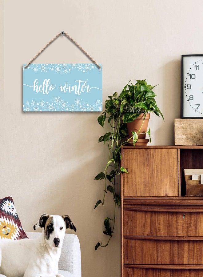 FUGWN Blue Hello Winter Snowflakes Hanging Wooden Signs 12x6, Hello Winter Sign, Winter Door Sign, Winter Wall Decor, Winter Door Hanger, Blue Winter Christmas Xmas Hanging Sign for Home Door Decor - Image 2
