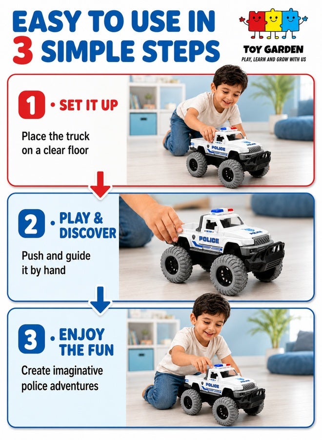 TOY GARDEN Big Wheel Police Car Toy for Kids, White Oversized Off Road Action Vehicle with Lights and Large Tires, Police Car Toy for Boys and Girls, Durable Pretend Play Vehicle for Indoor and Outdoor Adventures, Fun Kids Toy - Image 5