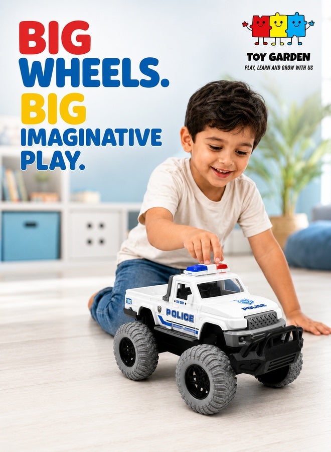 TOY GARDEN Big Wheel Police Car Toy for Kids, White Oversized Off Road Action Vehicle with Lights and Large Tires, Police Car Toy for Boys and Girls, Durable Pretend Play Vehicle for Indoor and Outdoor Adventures, Fun Kids Toy - Image 1