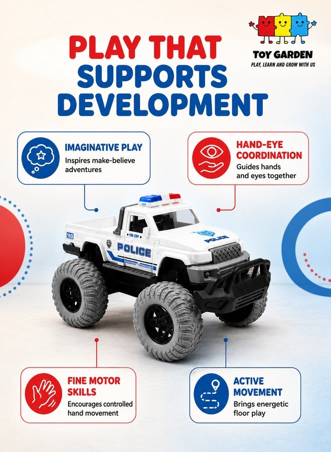 TOY GARDEN Big Wheel Police Car Toy for Kids, White Oversized Off Road Action Vehicle with Lights and Large Tires, Police Car Toy for Boys and Girls, Durable Pretend Play Vehicle for Indoor and Outdoor Adventures, Fun Kids Toy - Image 3