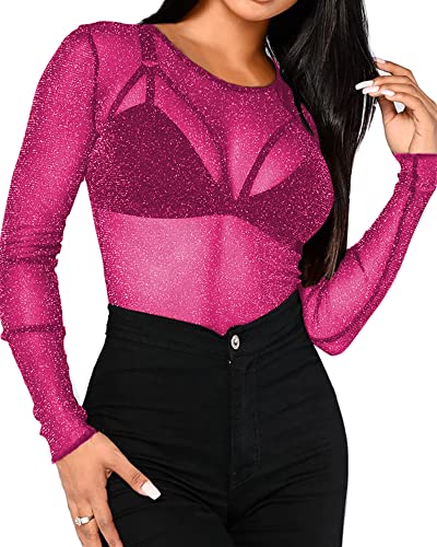 BelleLovin Women's Sheer Mesh Tops Long Sleeve Glitter Sexy Tops See Through Blouses (Rose Pink, Medium) - Image 5