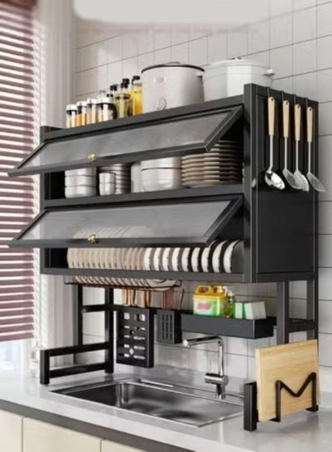Raffine Multi-Tier Over-the-Sink Kitchen Storage Rack with Enclosed Dust-Proof Cabinet Doors, Integrated Dish Drainer, Utensil Holders, Cutting Board Stand, and Top Shelving for Bottles and Cookware Organization 95 x 28 x 94 cm. - Image 1