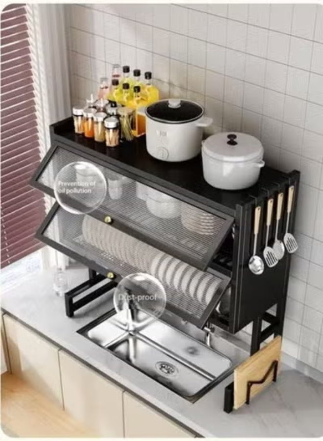 Raffine Multi-Tier Over-the-Sink Kitchen Storage Rack with Enclosed Dust-Proof Cabinet Doors, Integrated Dish Drainer, Utensil Holders, Cutting Board Stand, and Top Shelving for Bottles and Cookware Organization 95 x 28 x 94 cm. - Image 2