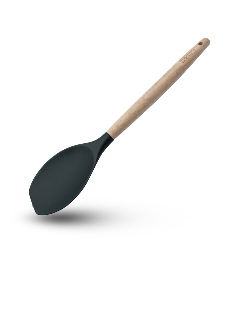 بيرام ملعقة سلطة من السيليكون من بيرام، أداة طبخ بمقابض خشبية، مقاومة للحرارة، خالية من مادة BPA، غير لاصقة، أدوات مطبخ للطهي والخبز والخلط والتحريك والتقديم والقلي والشواء - لون أسود (ملعقة سلطة واحدة) - Image 1