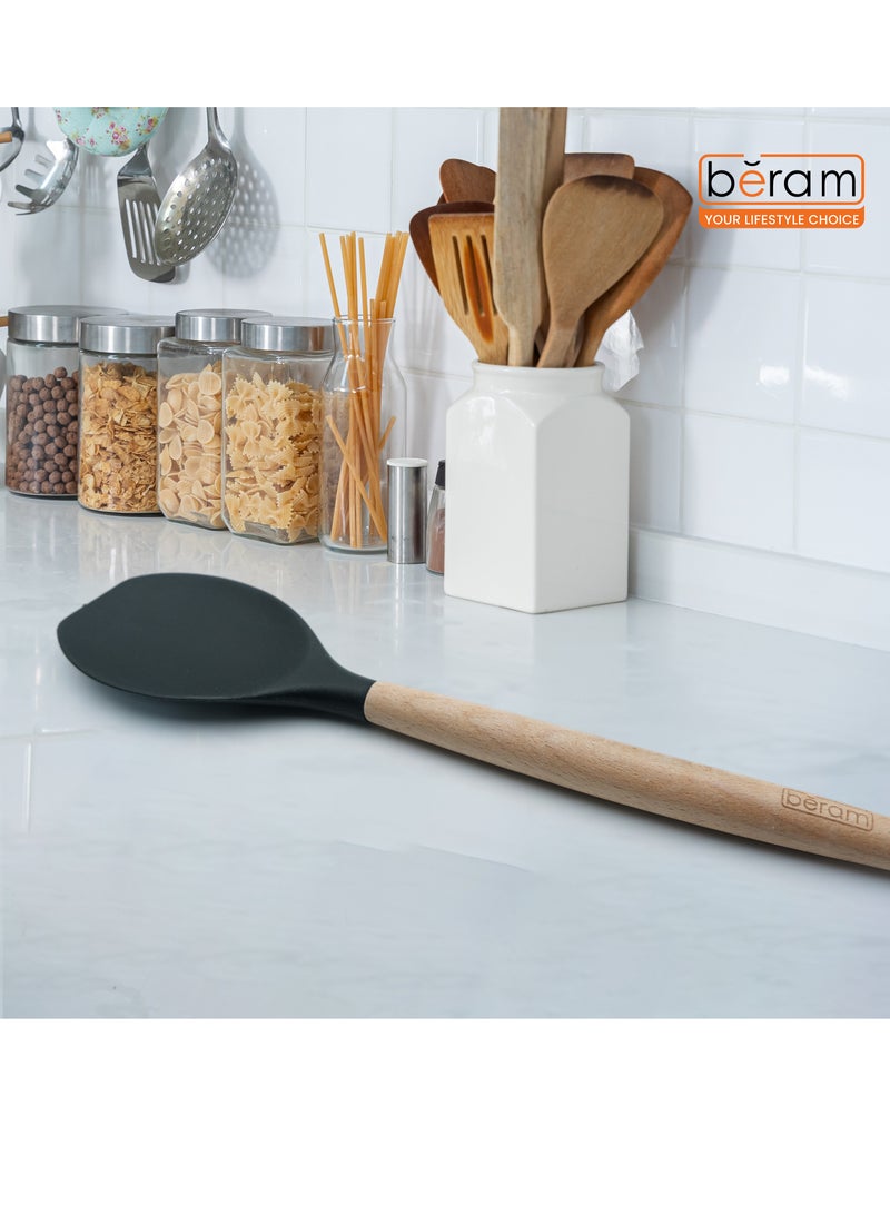 بيرام ملعقة سلطة من السيليكون من بيرام، أداة طبخ بمقابض خشبية، مقاومة للحرارة، خالية من مادة BPA، غير لاصقة، أدوات مطبخ للطهي والخبز والخلط والتحريك والتقديم والقلي والشواء - لون أسود (ملعقة سلطة واحدة) - Image 2