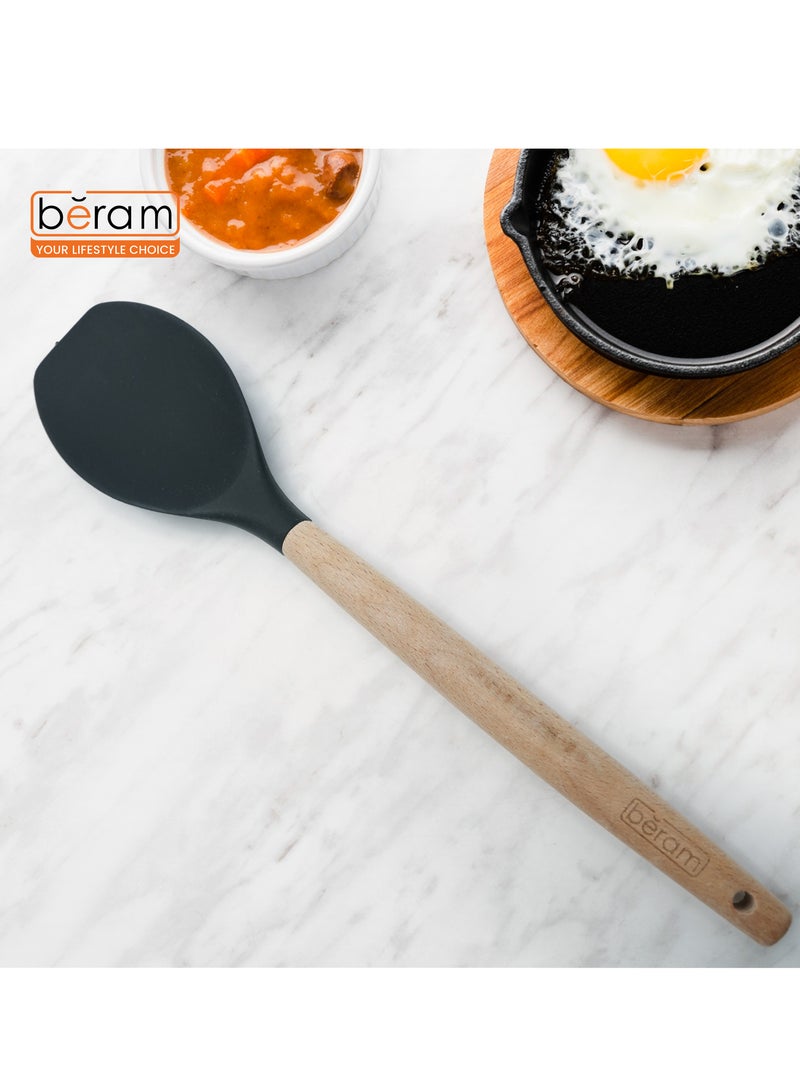 بيرام ملعقة سلطة من السيليكون من بيرام، أداة طبخ بمقابض خشبية، مقاومة للحرارة، خالية من مادة BPA، غير لاصقة، أدوات مطبخ للطهي والخبز والخلط والتحريك والتقديم والقلي والشواء - لون أسود (ملعقة سلطة واحدة) - Image 4