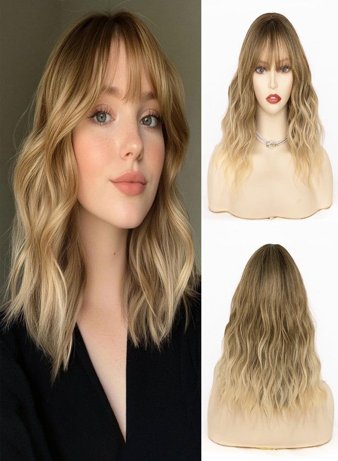 NAYOO Ombre Blonde Wig with Bangs, 14 Inch Bob Wig with Bangs for Women, Shoulder Length Short Wig, Glueless Short Wig - Image 1