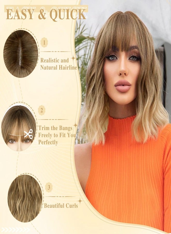 NAYOO Ombre Blonde Wig with Bangs, 14 Inch Bob Wig with Bangs for Women, Shoulder Length Short Wig, Glueless Short Wig - Image 3