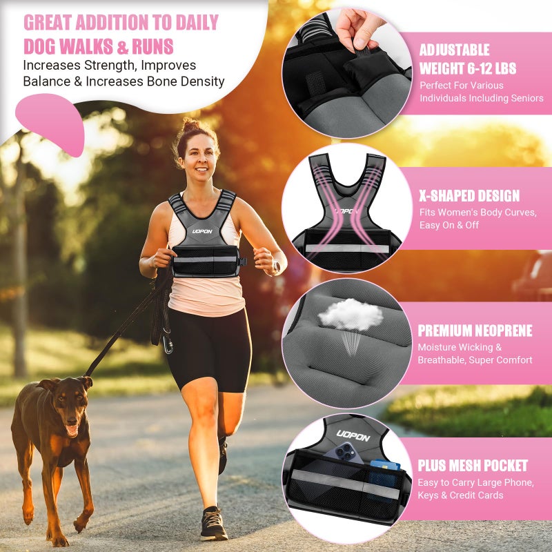 UOPON Adjustable Weighted Vest for Women, 6-12 Lbs Rucking Vest with 6 Ironsand Weights, Great Weighted Vest with Plus Pockets & Reflective Strips for Running, Walking, Workout and Strength Training - Image 2