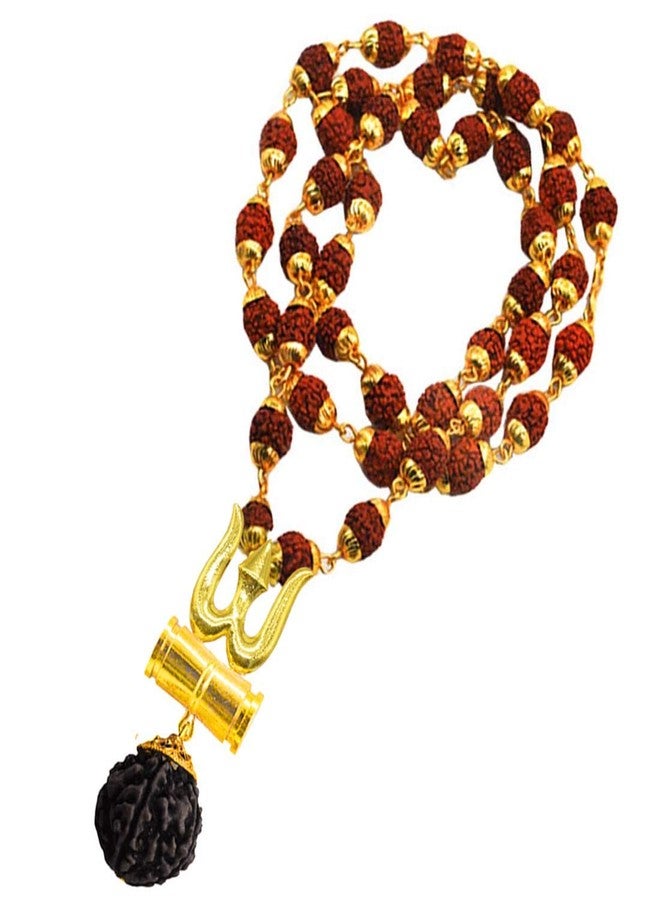 Sullery Religious Trishul Damaru Locket With Gold Plated Cap Panchmukhi Rudraksha Mala Gold And Brown Brass And Wood Religious Jewellery Pendant Necklace Chain For Men And Women - Image 3