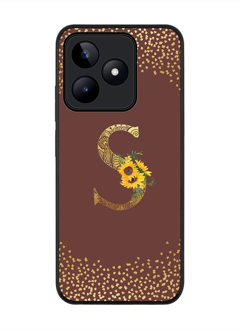Rugged Black edge case for Realme C51 / Realme Note 50 4G,Custom Monogram Initial Letter Floral Pattern Alphabet - S (Brown)