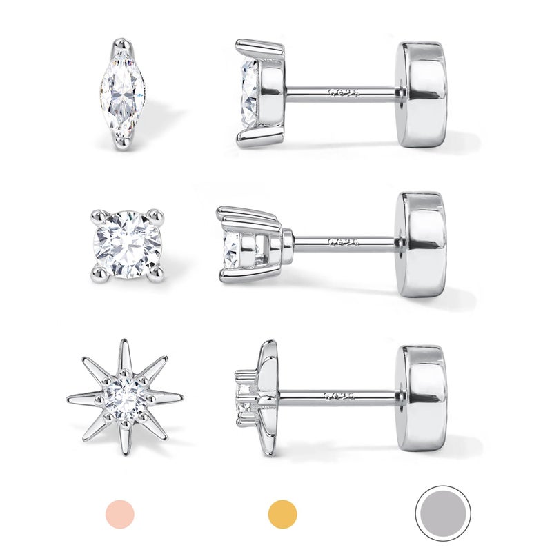 GEMQUEEN Hypoallergenic Flat Back Earrings for Women White Gold Plated Solid 925 Sterling Silver Post Stud | Cartilage Helix Conch Tragus Piercing Jewelry 3 Pairs Tiny Screw Dainty CZ Opal Earring Set round - Image 1