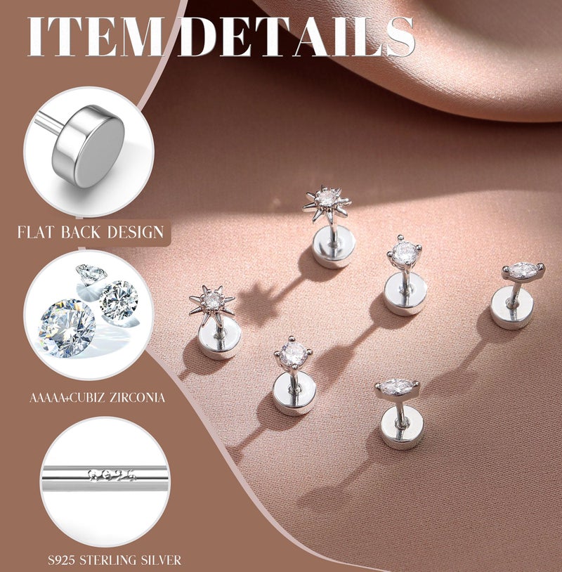 GEMQUEEN Hypoallergenic Flat Back Earrings for Women White Gold Plated Solid 925 Sterling Silver Post Stud | Cartilage Helix Conch Tragus Piercing Jewelry 3 Pairs Tiny Screw Dainty CZ Opal Earring Set round - Image 2
