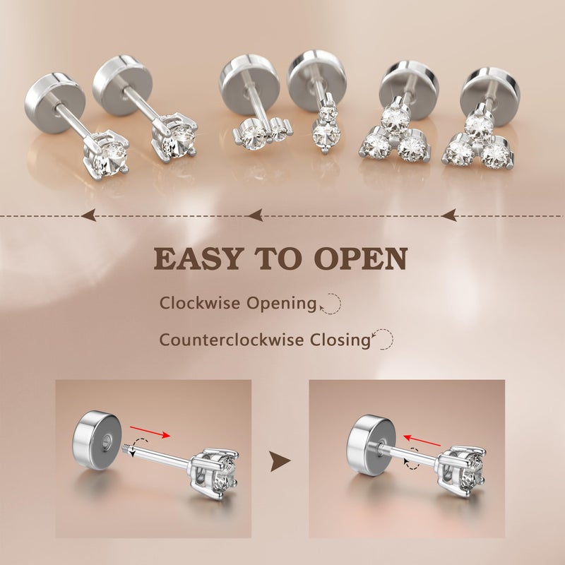 GEMQUEEN Hypoallergenic Flat Back Earrings for Women White Gold Plated Solid 925 Sterling Silver Post Stud | Cartilage Helix Conch Tragus Piercing Jewelry 3 Pairs Tiny Screw Dainty CZ Opal Earring Set round - Image 5