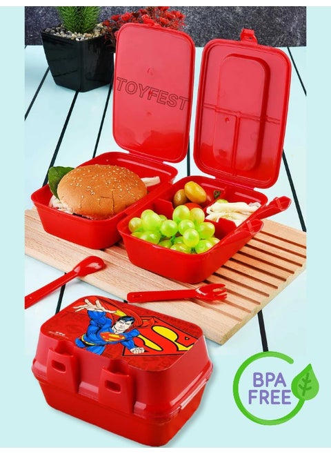 Lock Lid 2 Layer 4 Compartment Rectangular Lunch Box with Spoon & Fork - Superman