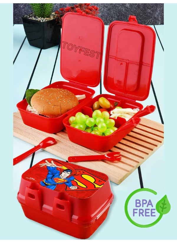 Toyfest - Lock Lid 2 Layer 4 Compartment Rectangular Lunch Box with Spoon & Fork - Superman - Image 1