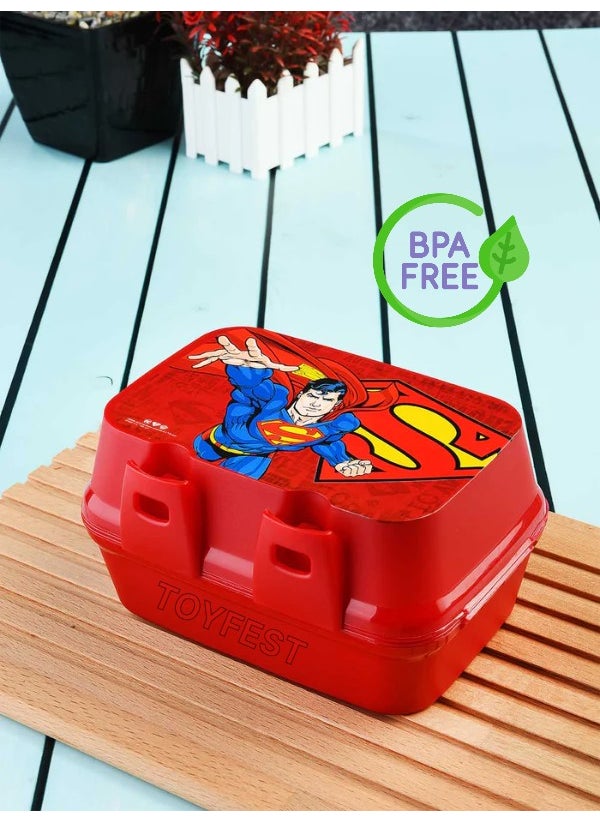 Toyfest - Lock Lid 2 Layer 4 Compartment Rectangular Lunch Box with Spoon & Fork - Superman - Image 1