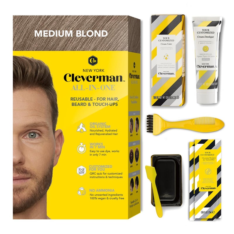Cleverman Medium Blond AllinOne Reusable Kit for Mens NaturalLooking Gray Coverage  ProfessionalQuality Hair Beard  Mustache Color AmmoniaFree
