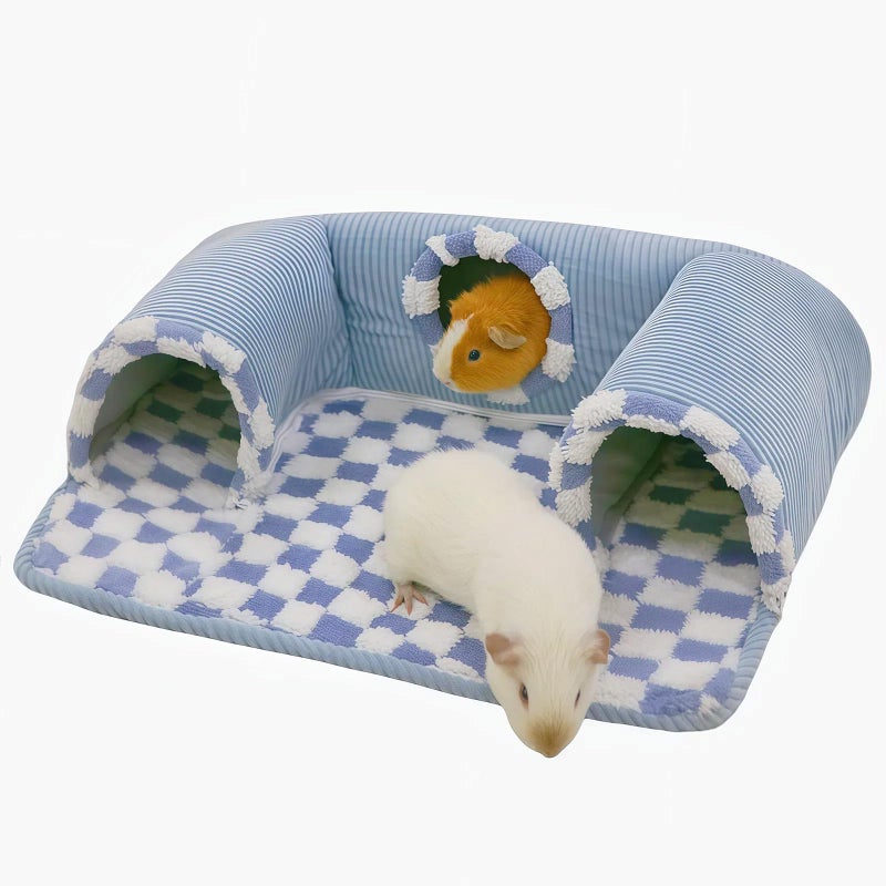 Lfokd Guinea Pig Hideout Tunnel with Warm Bed for Small Pet 3 Cave Small Animal Tunnel Toy Cages Blue - Image 1