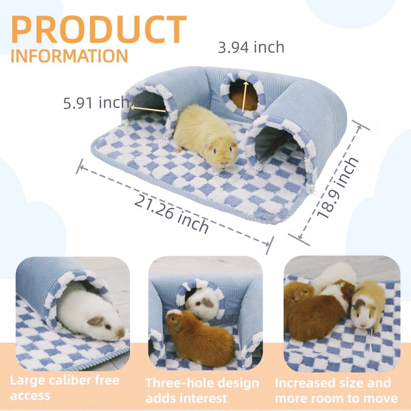 Lfokd Guinea Pig Hideout Tunnel with Warm Bed for Small Pet 3 Cave Small Animal Tunnel Toy Cages Blue - Image 3