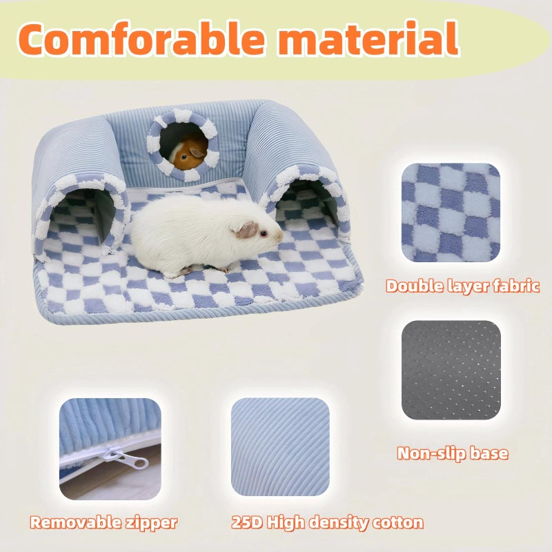 Lfokd Guinea Pig Hideout Tunnel with Warm Bed for Small Pet 3 Cave Small Animal Tunnel Toy Cages Blue - Image 4