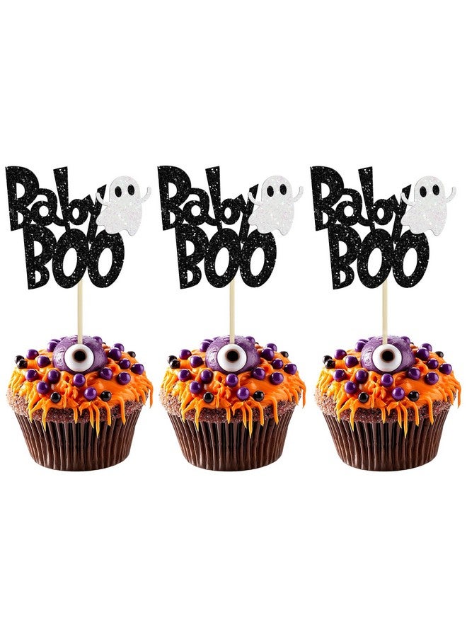 Ephlyn 24 قطعة من تزيينات كعكة الأطفال بو كاب كيك مع لمسة من اللمعان الأسود، أشباح صغيرة مخيفة لتزيين كعكة عيد الهالوين لحفلات الأطفال الأولاد والبنات. - Image 1
