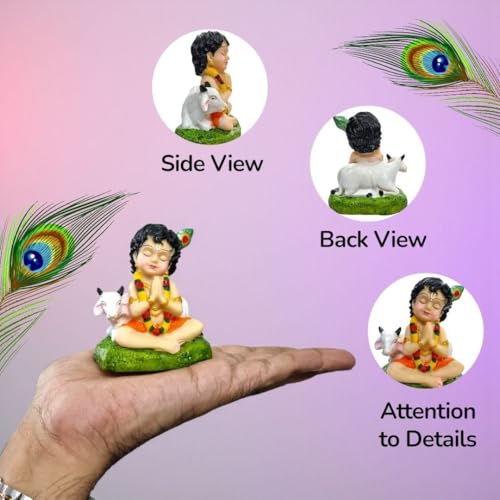 RIANZ® Bal Roop Lord Krishna Idol with Cow | Laddu Gopal Murti for Car Dashboard, Home Temple, Office Desk Decor | Resin Krishna Statue Showpiece - 8cm Height (White) - Image 3