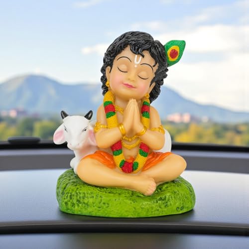 RIANZ® Bal Roop Lord Krishna Idol with Cow | Laddu Gopal Murti for Car Dashboard, Home Temple, Office Desk Decor | Resin Krishna Statue Showpiece - 8cm Height (White) - Image 1