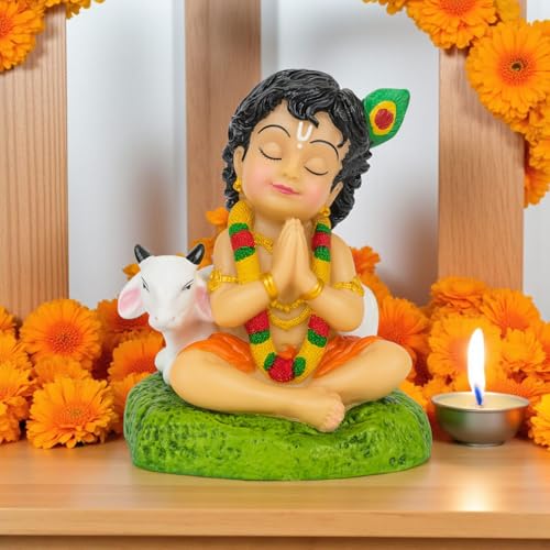 RIANZ® Bal Roop Lord Krishna Idol with Cow | Laddu Gopal Murti for Car Dashboard, Home Temple, Office Desk Decor | Resin Krishna Statue Showpiece - 8cm Height (White) - Image 5
