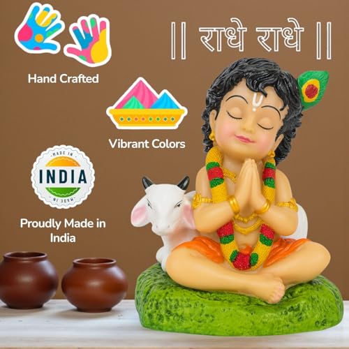 RIANZ® Bal Roop Lord Krishna Idol with Cow | Laddu Gopal Murti for Car Dashboard, Home Temple, Office Desk Decor | Resin Krishna Statue Showpiece - 8cm Height (White) - Image 2