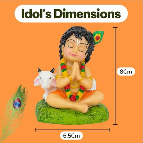 RIANZ® Bal Roop Lord Krishna Idol with Cow | Laddu Gopal Murti for Car Dashboard, Home Temple, Office Desk Decor | Resin Krishna Statue Showpiece - 8cm Height (White) - Image 4