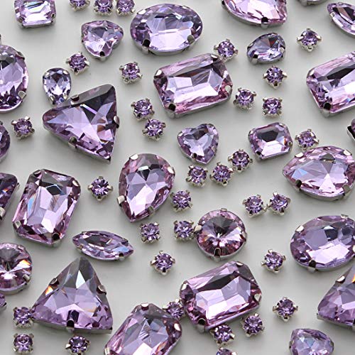 TANOSII Sew on Rhinestones 100 PCS Mixed Shapes Glass Rhinestones Sew on Crystal Gems Mental Flatback with Silver Claw for Jewelry Crafts Clothes Shoes Costume Garment Light Purple - Image 1
