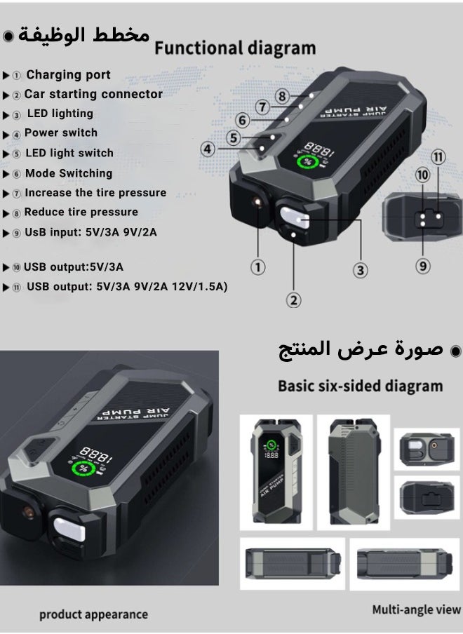Super ZYouth Car Jump Starter, 2500A 12V 150PSI Jump Starter with Air Compressor, Car air pump, Portable Jump Box Car Battery Jumper Start with LED Light & Quick-Charge  - Image 2