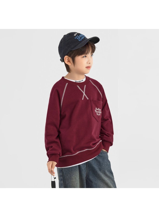 BOY س هودي، سترة أطفال خريفية ذات رقبة دائرية، طبقة أساسية، ألوان موضة 2025، ملابس رياضية عادية بتصميم ثلاثي الألوان بخيوط خمسة - Image 5