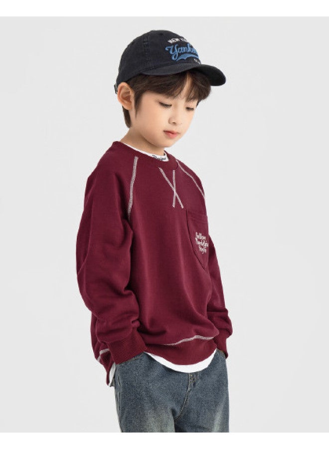 BOY س هودي، سترة أطفال خريفية ذات رقبة دائرية، طبقة أساسية، ألوان موضة 2025، ملابس رياضية عادية بتصميم ثلاثي الألوان بخيوط خمسة - Image 1