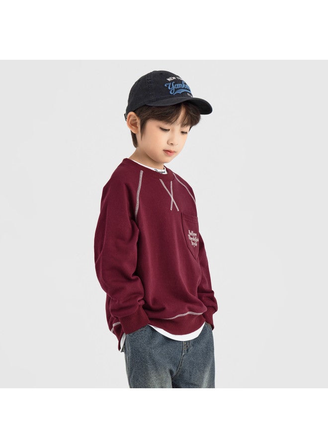 BOY س هودي، سترة أطفال خريفية ذات رقبة دائرية، طبقة أساسية، ألوان موضة 2025، ملابس رياضية عادية بتصميم ثلاثي الألوان بخيوط خمسة - Image 2