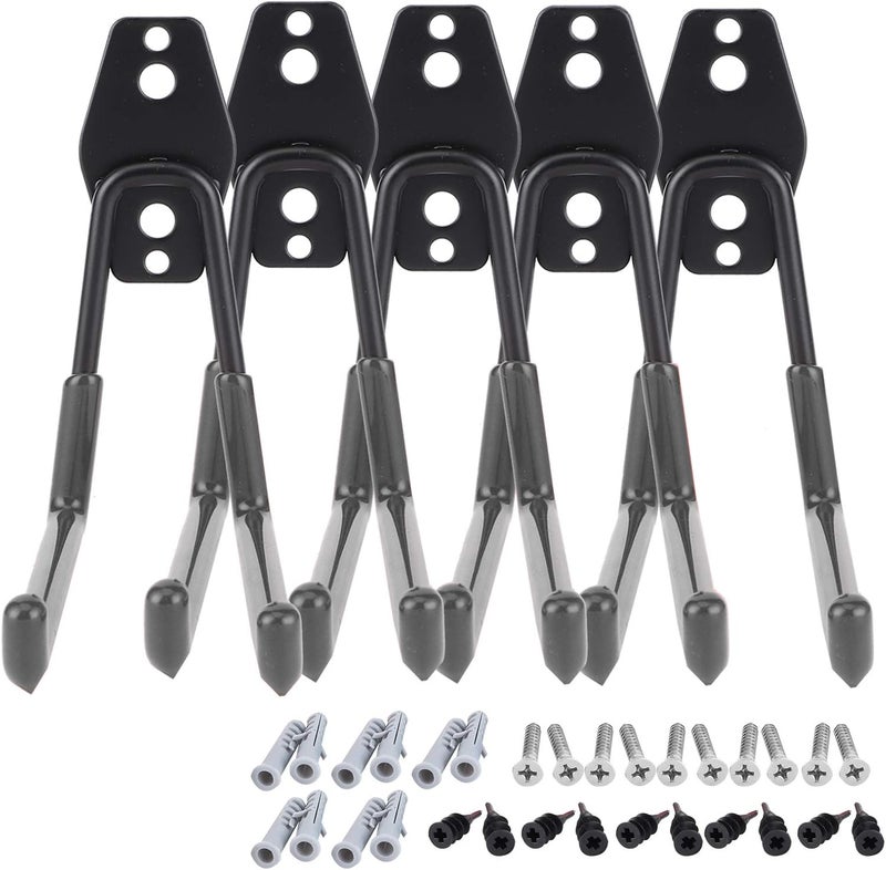 5Pcs Wall Mounted Garage Hooks, Heavy Duty Garage Storage Organizer, Double Bike Storage Hook with Anti - Rust Coating, for Power Tool Rope Shovel Bike Hose Ladder, Includes Screws (Black) - Image 1