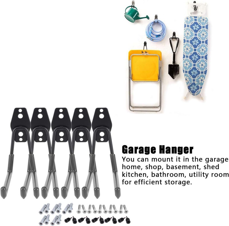 5Pcs Wall Mounted Garage Hooks, Heavy Duty Garage Storage Organizer, Double Bike Storage Hook with Anti - Rust Coating, for Power Tool Rope Shovel Bike Hose Ladder, Includes Screws (Black) - Image 2