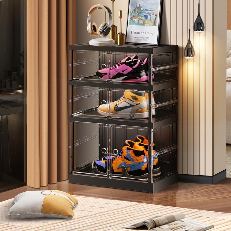 CIMLORD 3-Tier Foldable Shoe Rack for Closet Entryway 3-6Pairs,Stackable Clear Shoe Storage Boxes Organizer with Door Plastic Small Shoe Cabinet Bins with Lids Narrow Shoe Shelf Easy Assembly Black - Image 5