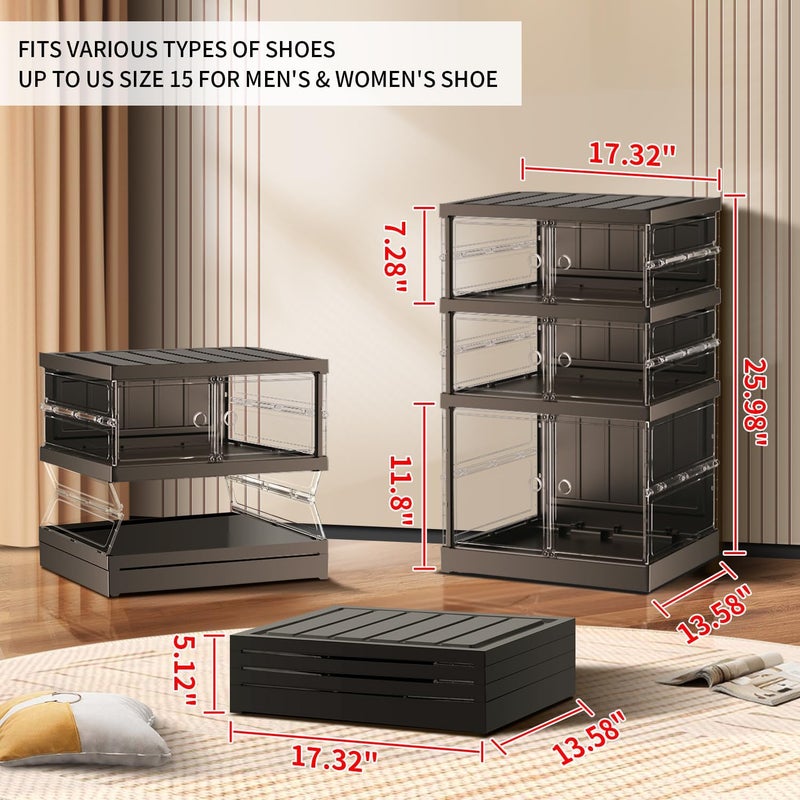 CIMLORD 3-Tier Foldable Shoe Rack for Closet Entryway 3-6Pairs,Stackable Clear Shoe Storage Boxes Organizer with Door Plastic Small Shoe Cabinet Bins with Lids Narrow Shoe Shelf Easy Assembly Black - Image 2