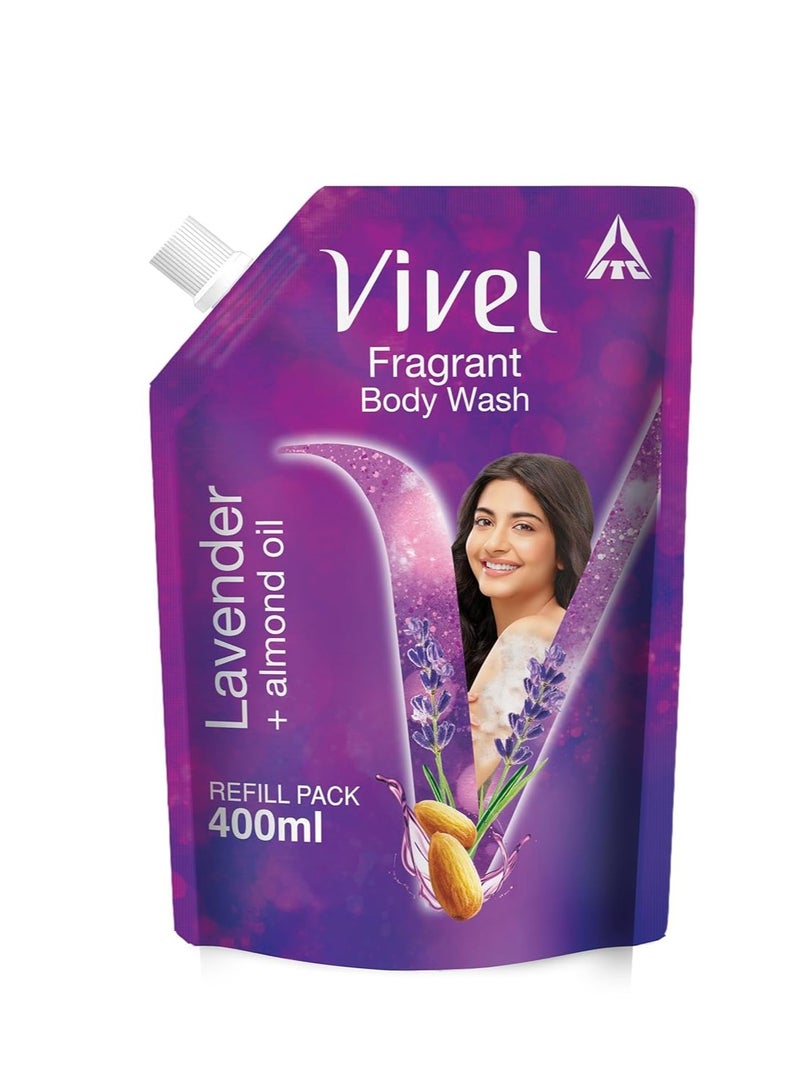 Vivel Exfoliating Body Wash  Lavender and Almond Oil Shower Gel Creme, 400 ml Liquid Refill Pouch, for Glowing and Moisturised Skin Refill Pouch All Skin Types - Image 1