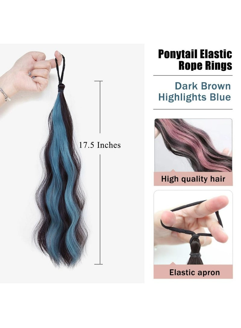 Dougez Faux Wig Ponytail Elastic Rope Rings,Long Wavy Ponytail Highlights Extension Elastic Hair Band Holders for Women Party Daily Costumes Used,17.5 Inches (Dark Brown Highlights Blue) - Image 4