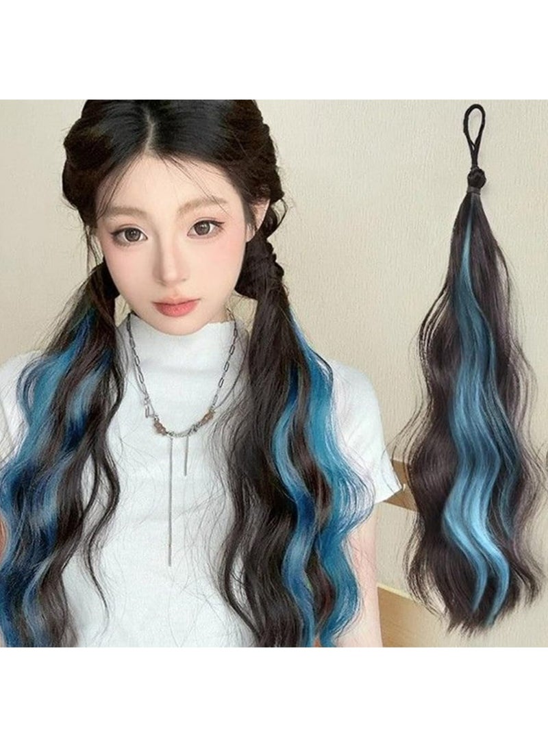 Dougez Faux Wig Ponytail Elastic Rope Rings,Long Wavy Ponytail Highlights Extension Elastic Hair Band Holders for Women Party Daily Costumes Used,17.5 Inches (Dark Brown Highlights Blue) - Image 2