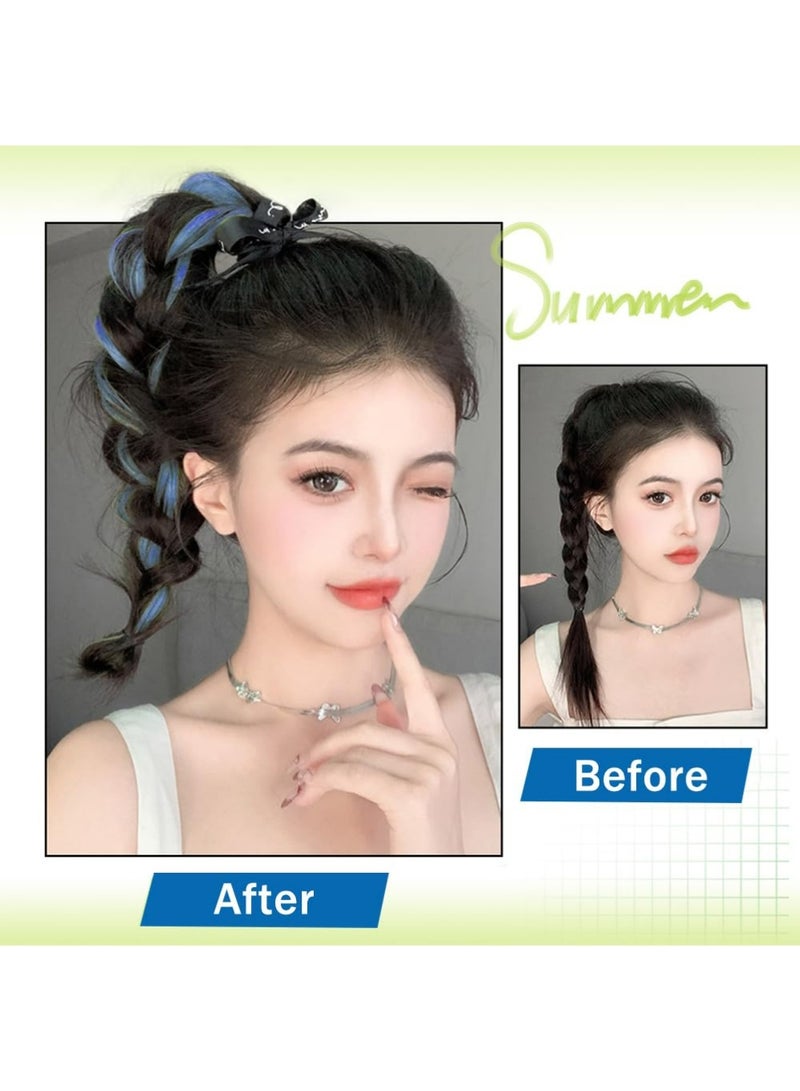 Dougez Faux Wig Ponytail Elastic Rope Rings,Long Wavy Ponytail Highlights Extension Elastic Hair Band Holders for Women Party Daily Costumes Used,17.5 Inches (Dark Brown Highlights Blue) - Image 3