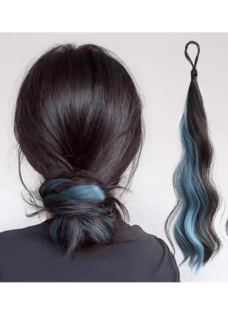 Dougez Faux Wig Ponytail Elastic Rope Rings,Long Wavy Ponytail Highlights Extension Elastic Hair Band Holders for Women Party Daily Costumes Used,17.5 Inches (Dark Brown Highlights Blue) - Image 1
