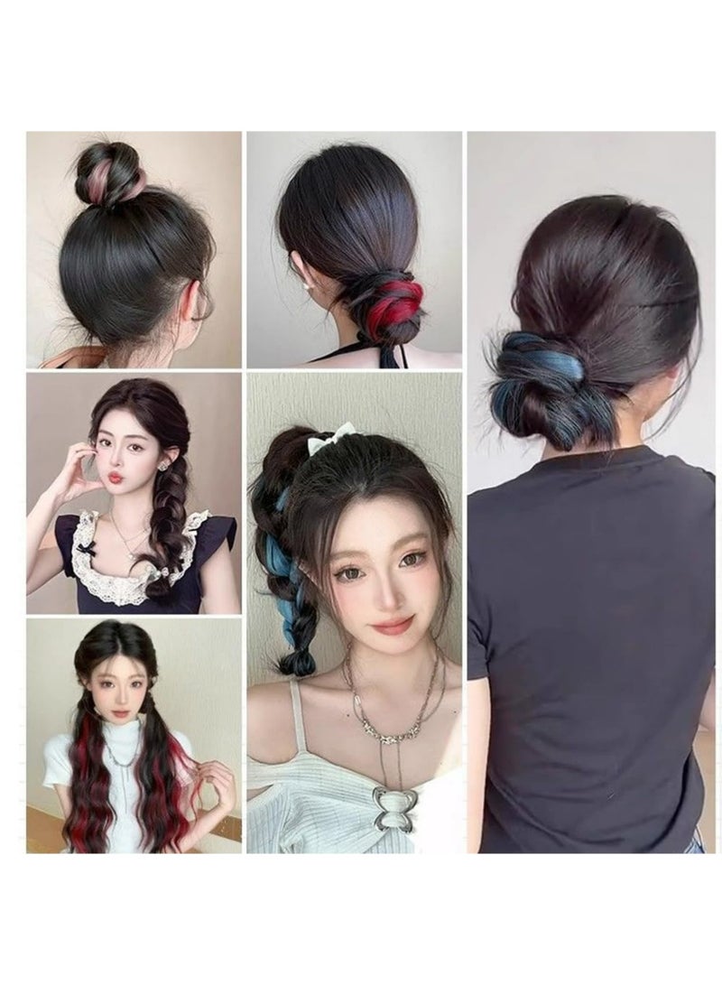 Dougez Faux Wig Ponytail Elastic Rope Rings,Long Wavy Ponytail Highlights Extension Elastic Hair Band Holders for Women Party Daily Costumes Used,17.5 Inches (Dark Brown Highlights Blue) - Image 5