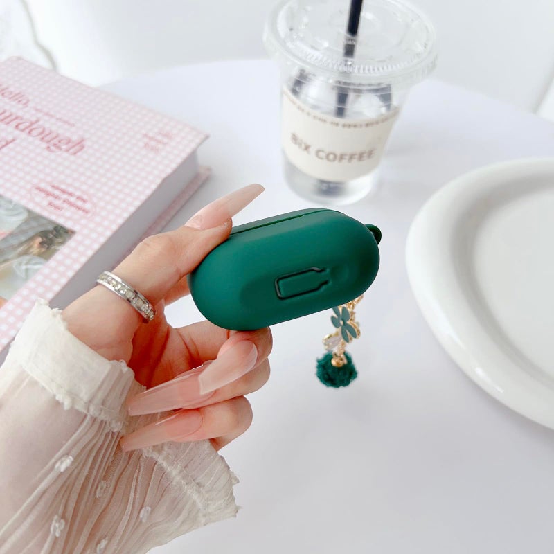 OTOPO Cute Green Case for Samsung Galaxy Buds 3/3 Pro/3 FE Cover for Girl Women with Pom pom Flower Keychain & Cleaner Pen, Soft Silicone Galaxy Bud Pro 3/Buds3/Bud 3 FE Protective Cover Skin - Image 4